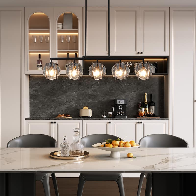 5-Light Linear Chandelier with Hand-Blown Smoke Gray Glass Shades - Smoky Gray