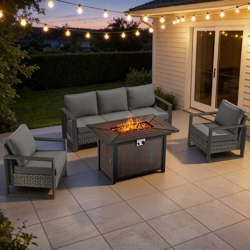 Meyreso Wicker Patio Conversation Set with Metal Fire Pit Table & Olefin Cushions - Gray / Gray Cushions - 4-Piece