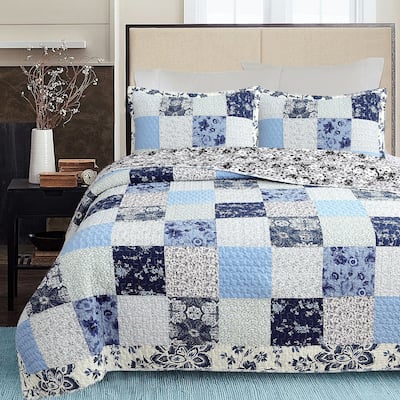 Cozy Line Azure Blue Floral Garden Patchwork 3 Piece Cotton Quilt Bedding Set