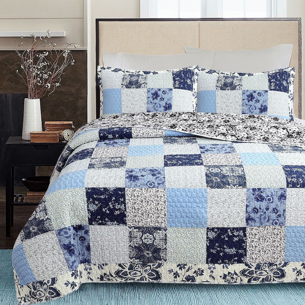 Cozy Line Azure Blue Floral Garden Patchwork 3 Piece Cotton Quilt Bedding Set