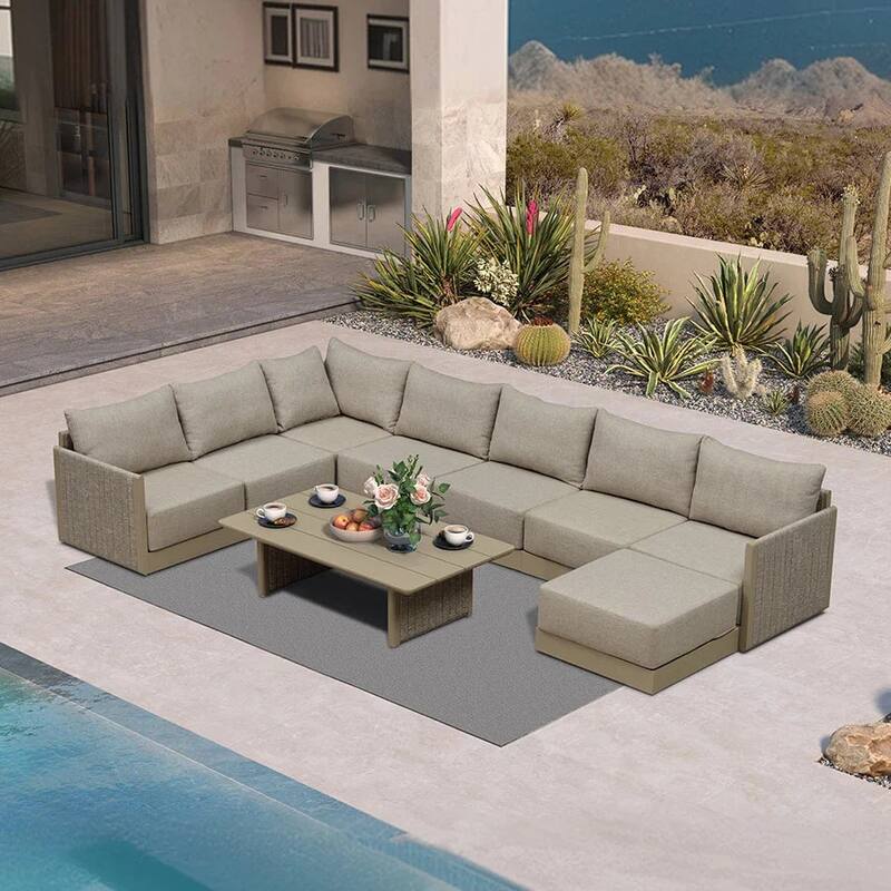 PURPLE LEAF Santorini 4-13 Piece Khaki Sofa with Ottoman and Cushion for Poolside Garden Couch Outdoor Patio Conversation Sets - 8-Piece+1-Table - L-shaped