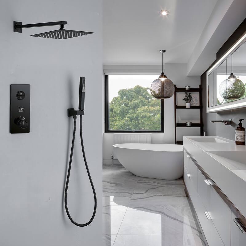 NSF Certified Square Thermostatic Rain Showerhead&High Pressure Handheld with Silicone Nozzle&SALT Spray Tested, Black/Gold