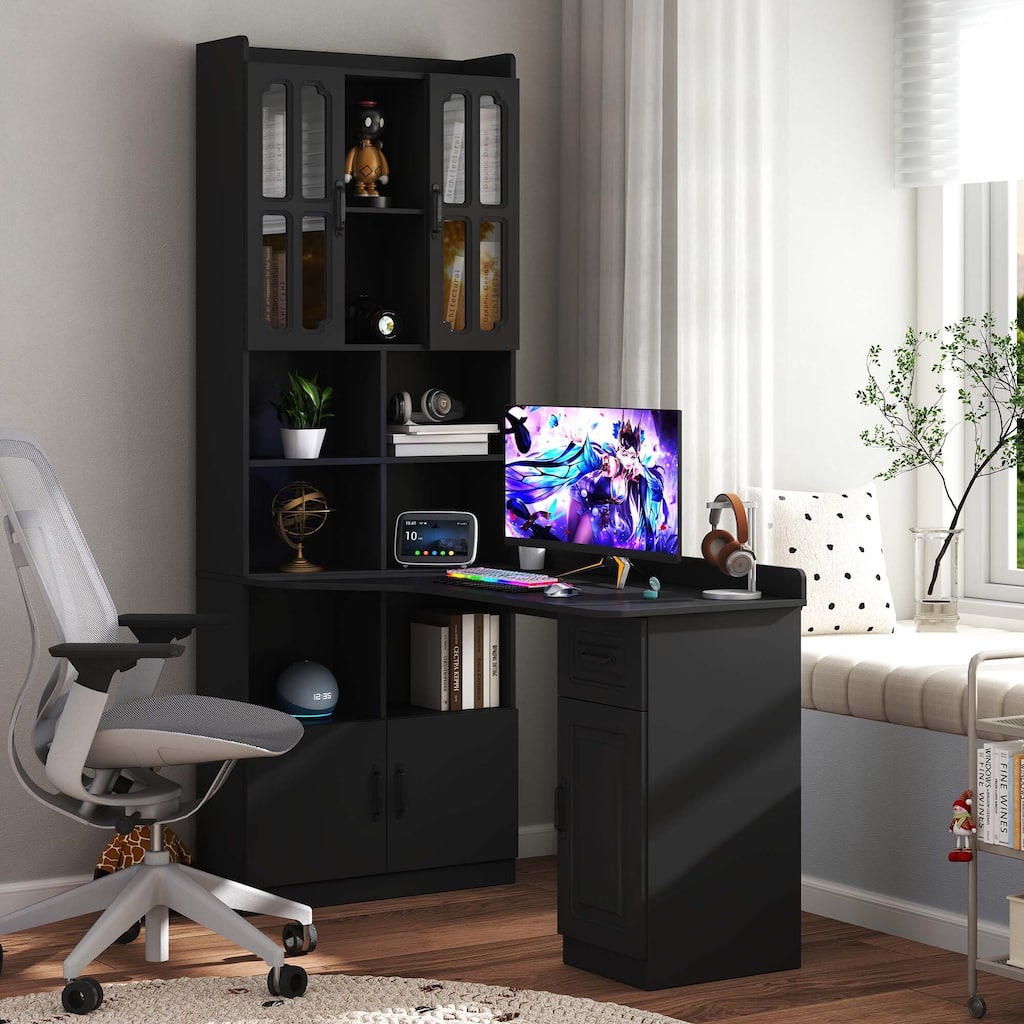 L Shaped Desk with Hutch, Corner Computer Desk with Hutch Bookshelf & Drawers, Study Desk , 2-in-1 Writing Table