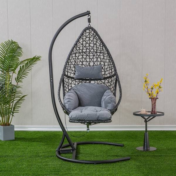 slide 2 of 10, Patio PE Rattan Swing Chair With Stand and Leg Rest Grey