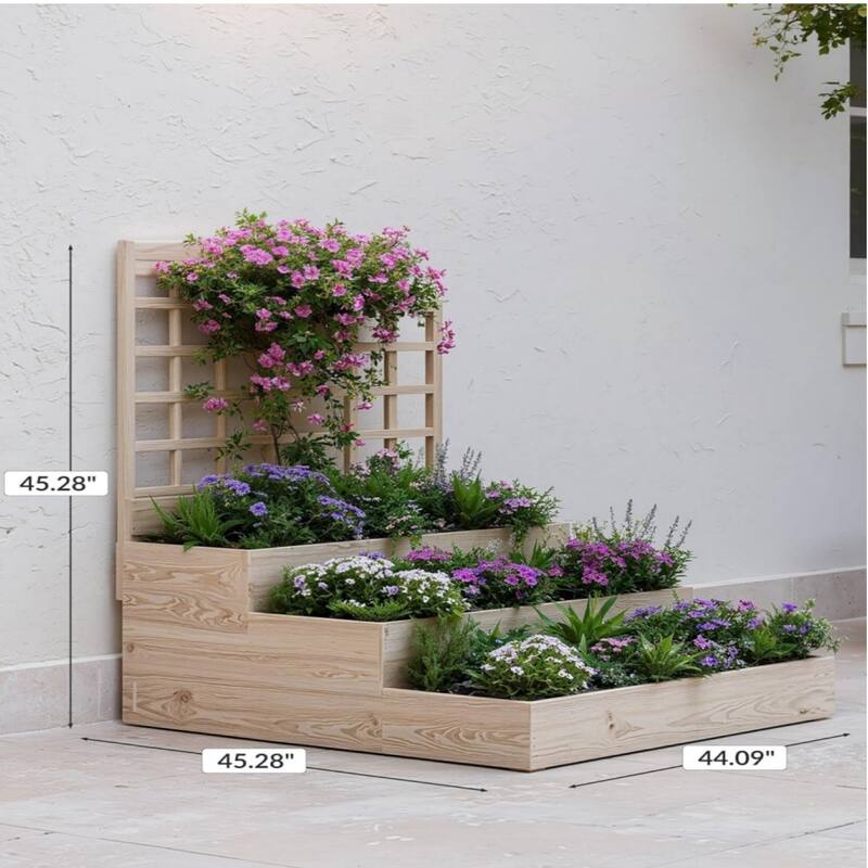 Three-tier vertical wooden planter with trellis - for climbing plants, vegetables and herbs, open base