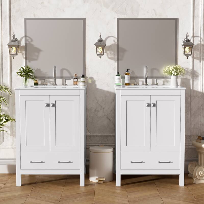 GDFStudio - Transitional Double Bathroom Vanity Set, Dual Undermount Sink, Soft-Close Doors & Double-Layer Door Shelf, Set of 2 - White - 48"