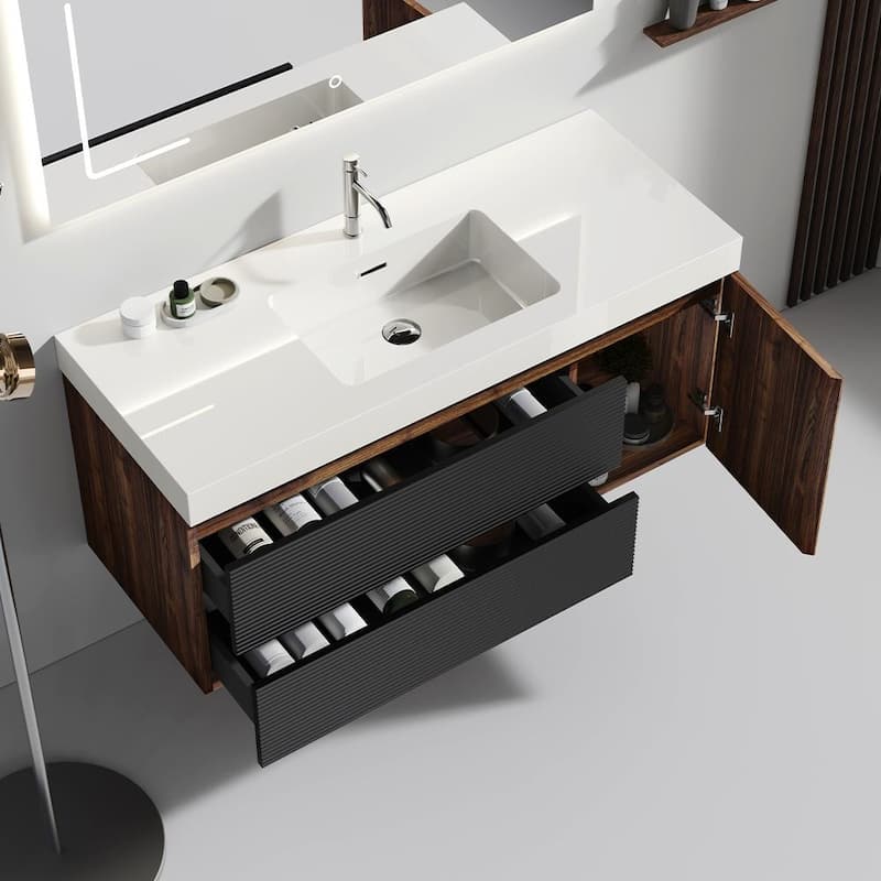 Wall Mounted Bathroom Vanity with Glossy White Solid Surface Sink