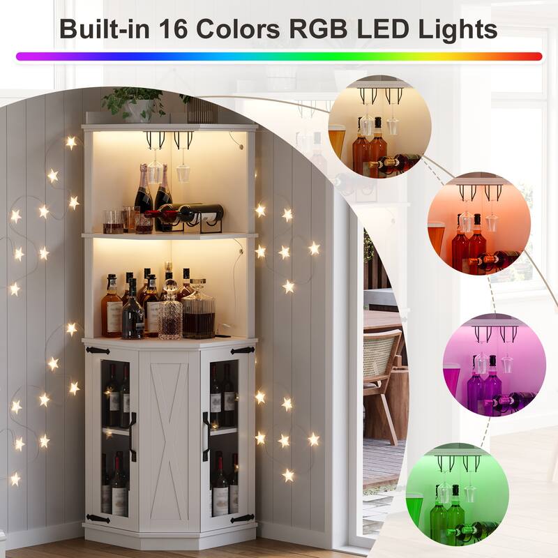 67.3" Corner Kitchen Bar Cabinet Farmhouse Wine Bar Cabinet with Power Outlet, LED Lights, Glass Rack & Adjustable Shelves