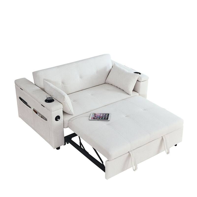 54" Multi-functional Chenille Sofa Bed with Cup Holder and USB Port for Living Room