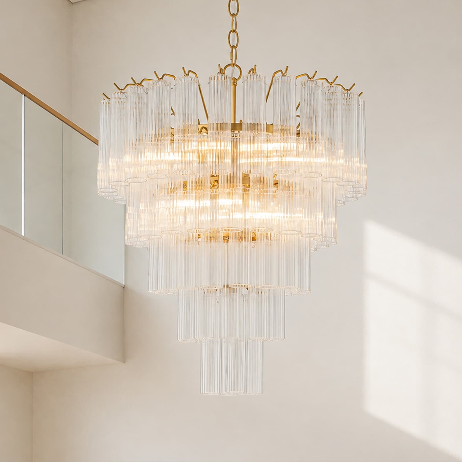 Rennnsan 9-Light 5-Tier Brushed Brass Crystal Glass Rod Chandelier for Dining Room - 25.6 in. W x 8.5 in. H