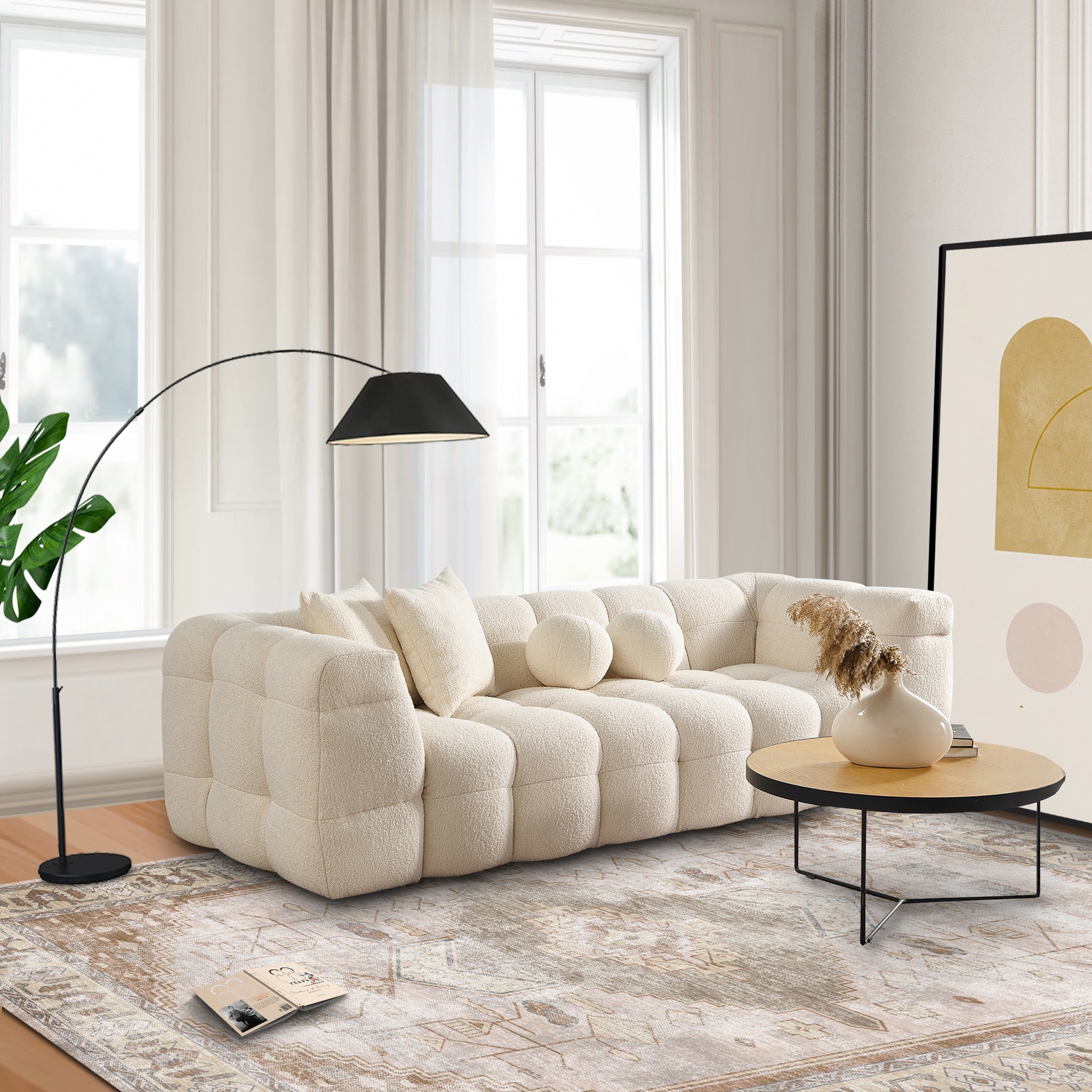 Phoenix Mid Century Modern Living Room Puffy Fabric Sofa in Ivory Boucle