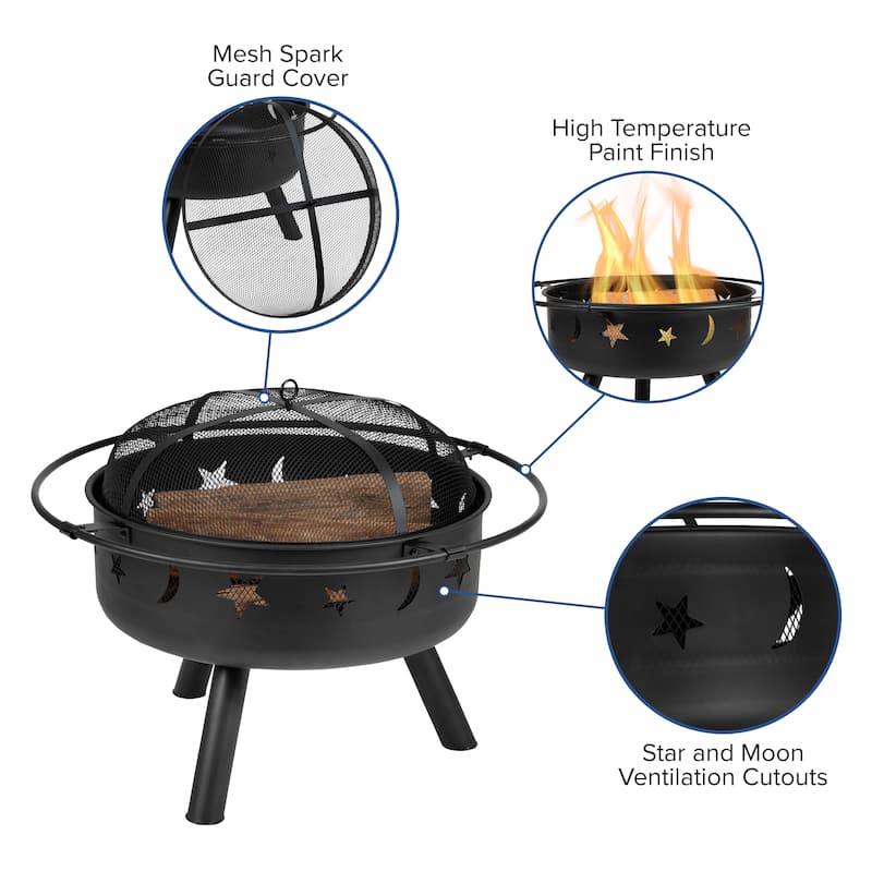 Round Wood Burning Star and Moon Firepit with Mesh Spark Screen