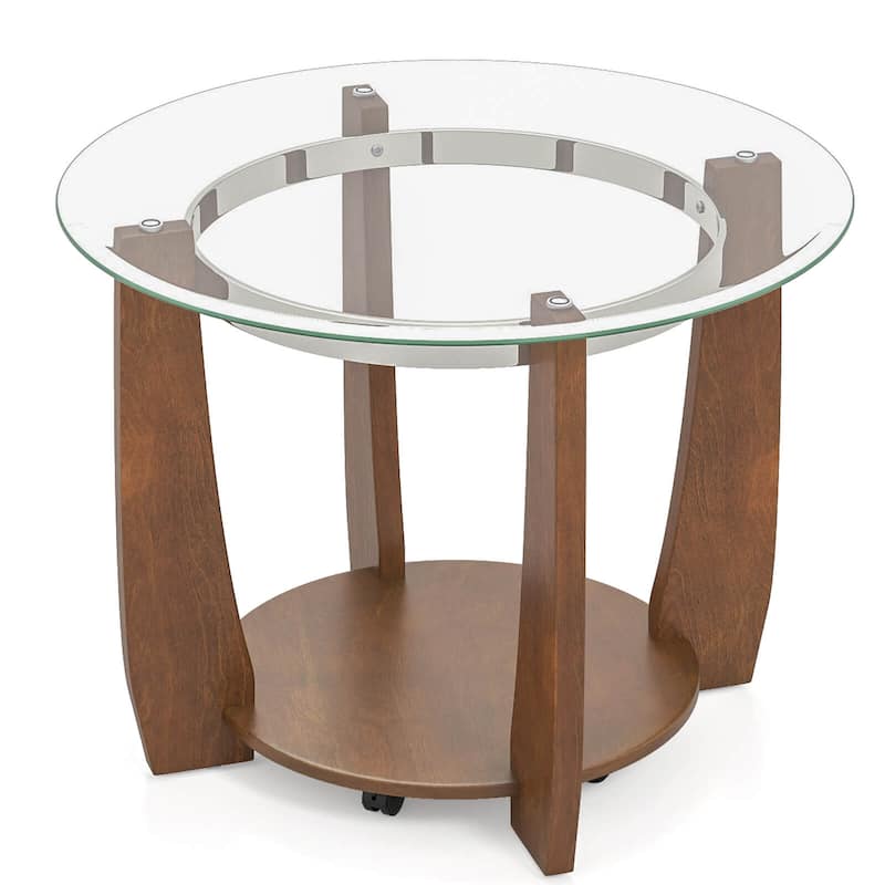 Costway 32” 2-Tier Glass Coffee Table with Tempered Glass Top Bottom - See Details - Transparent & Walnut