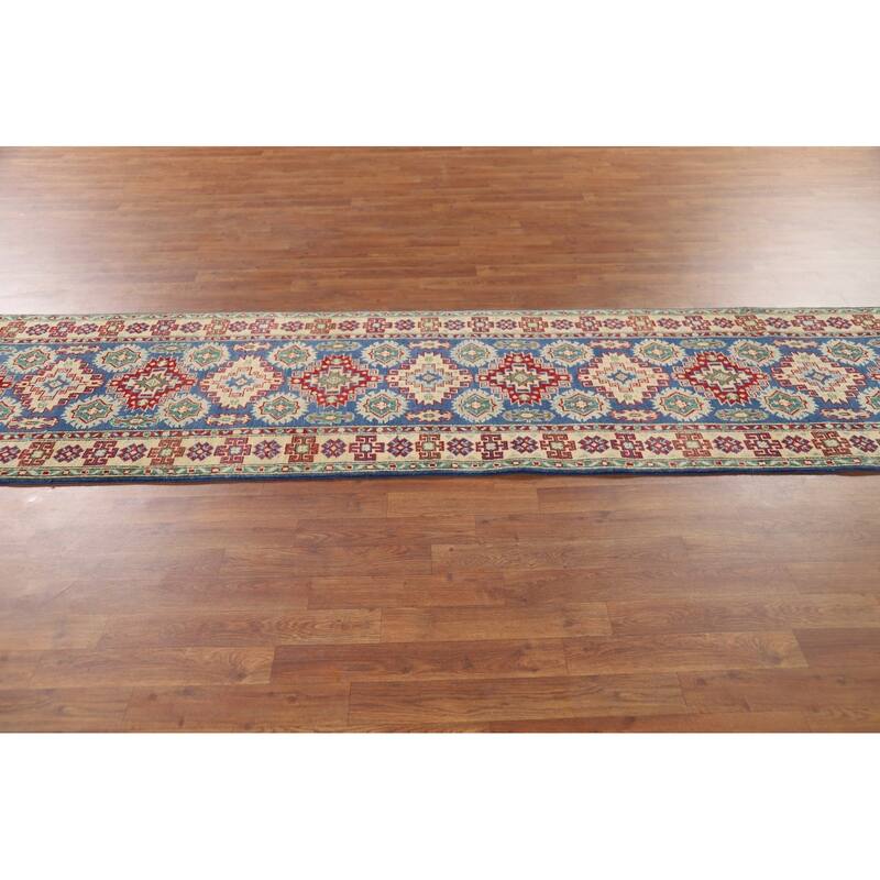 Kazak Runner Rug Hand-Knotted Traditional Blue Wool Carpet - 2'7" x 13'1"