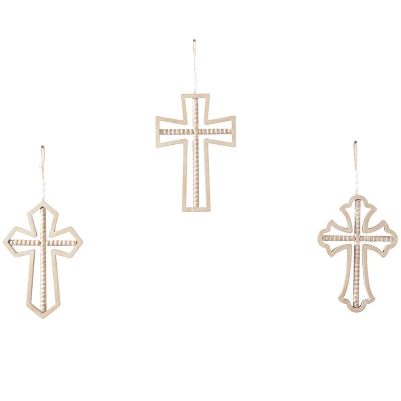 Light Brown Wood Carved Beaded Crosses Cross Home Wall Decor with Rope Hanger (Set of 3)