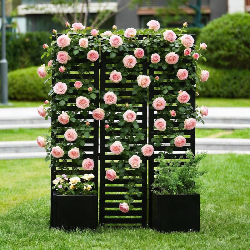 3-Panel Metal Frame Screen, Planter Box, with Trellis - Black