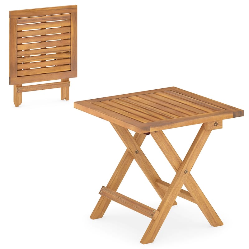 16” Portable Natural Acacia Wood Folding Side Table with Slatted Tabletop Ideal for Indoor or Outdoor