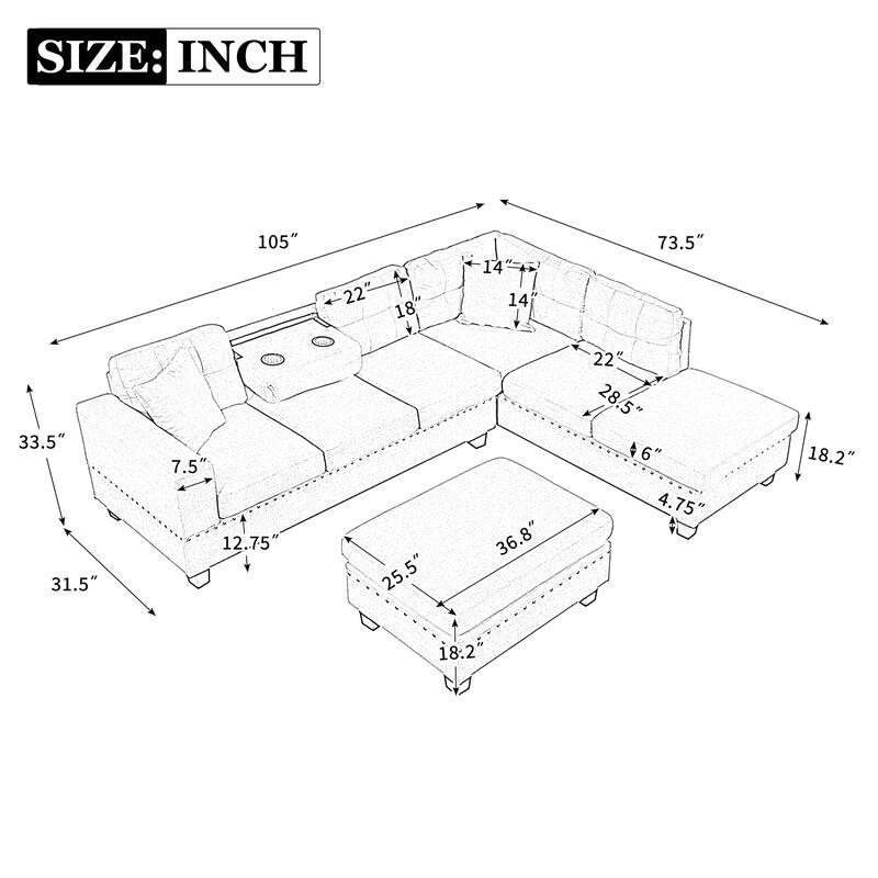 105.1" Velvet L-Shaped Sectional Sofa with Reversible Chaise, Storage Ottoman and Cup Holders