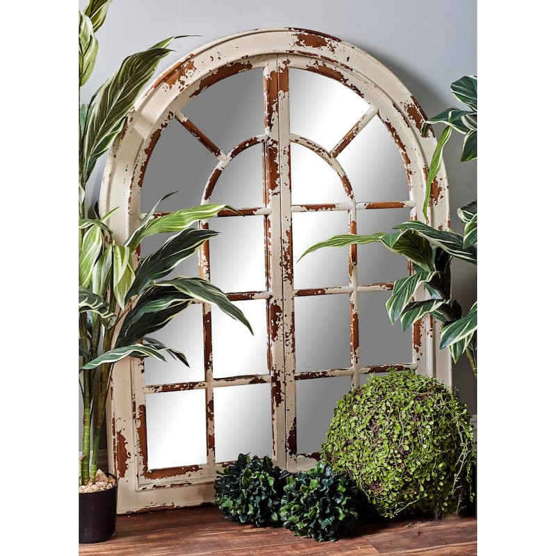 Gray Wood Window Pane Inspired Room Wall Mirror with Arched Top and Distressing