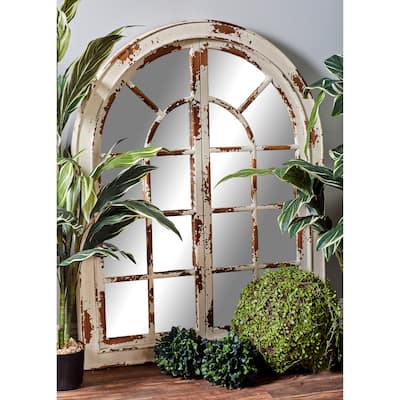 Gray Wood Window Pane Inspired Room Wall Mirror with Arched Top and Distressing