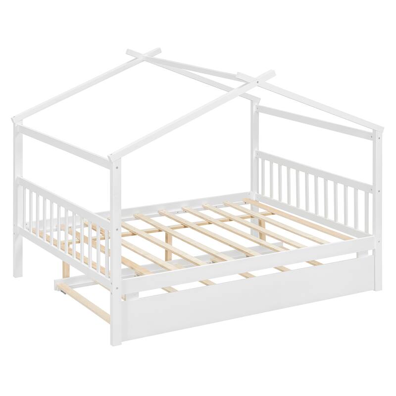 Full Size Wooden House Bed with Twin Trundle in White, Gray, Natural, Walnut
