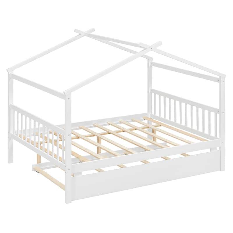 Roomfitters Full Size Wooden House Bed with Twin Trundle, Floor Bed Frame for Bedroom, White