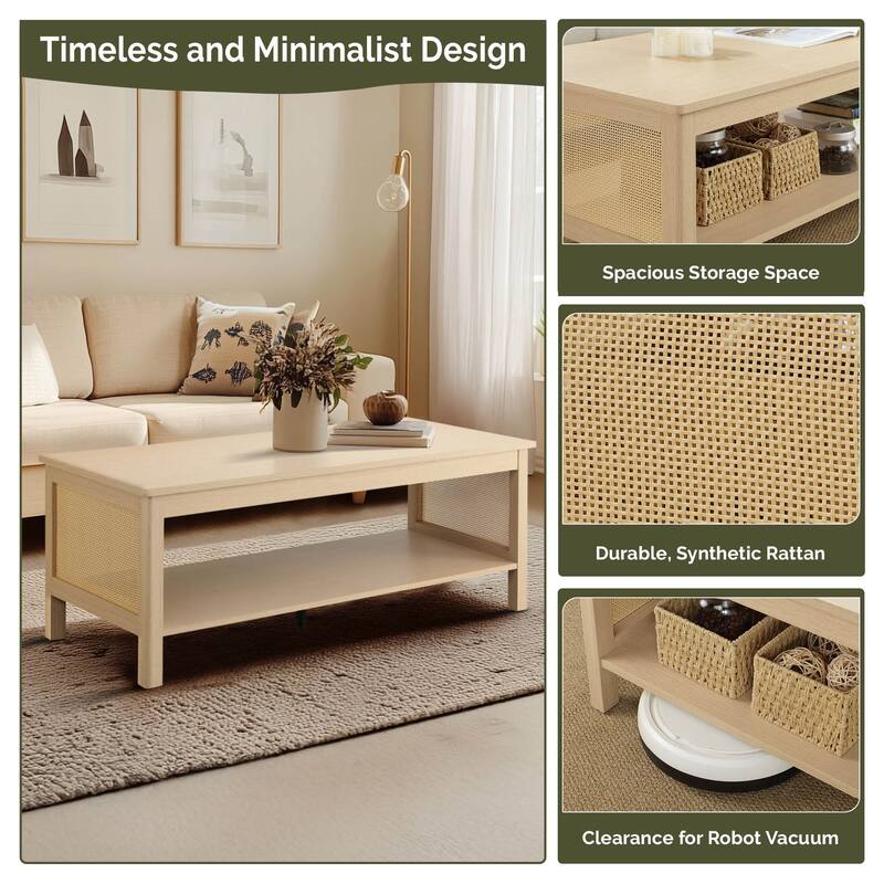 Chelsea Square Ashlyn 2-Tier Coffee Table with Rattan Sides & Spacious Open Shelf Storage - 21.75x16