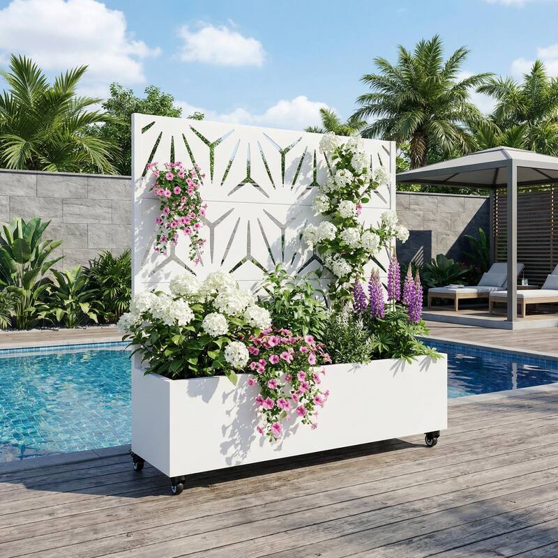 Metal Galvanized Planter Box with Trellis Privacy Screen Lockable Wheels