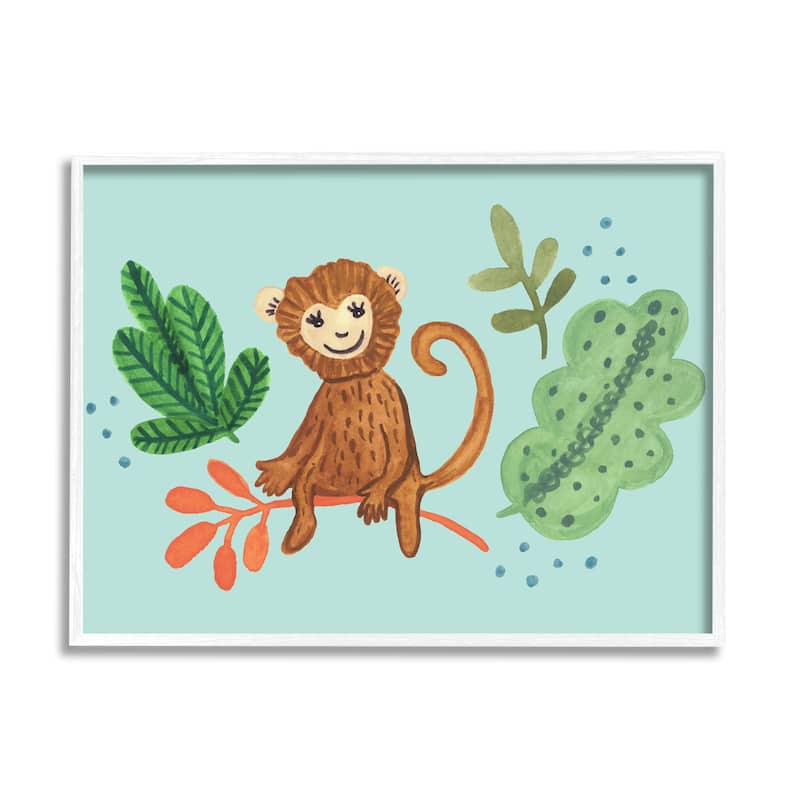 Stupell Cute Monkey Sitting Plants Leaves Illustration Framed Wall Art - Brown