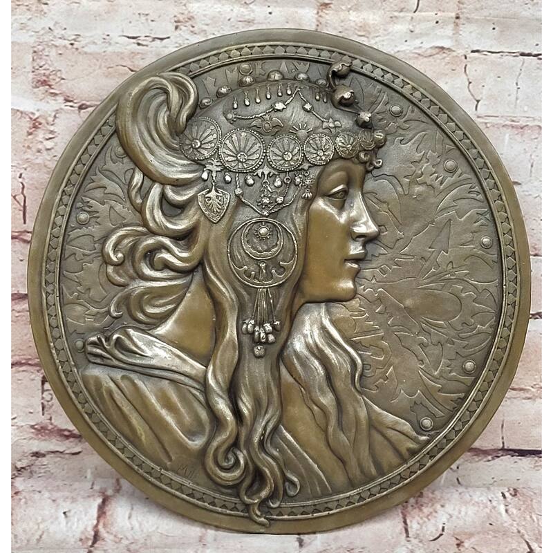 Signed Original Emperor Egyptian Princess Wall Mount Bas Relief Bronze Sculpture
