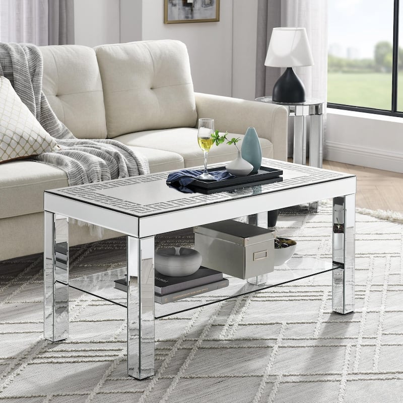 Curved Border Carved Mirror Coffee Table - Silver - Glass