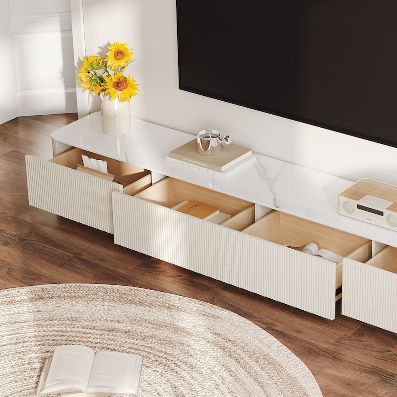 94.5-142" Modern TV Stands, White Glossy Sintered Stoe Table top Media Console with 4-6 Drawers for Option