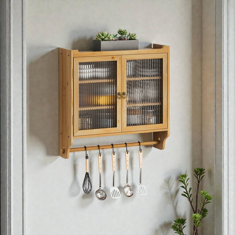 24.8" Vintage Wall Cabinet with Glass Double Doors, 3-Tier Storage and Towel Rack, Solid Wood Bathroom Kitchen Cabinet