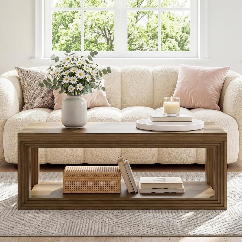 47.24" Rectangular Rustic Coffee Table With Open Storage Shelf - Brown