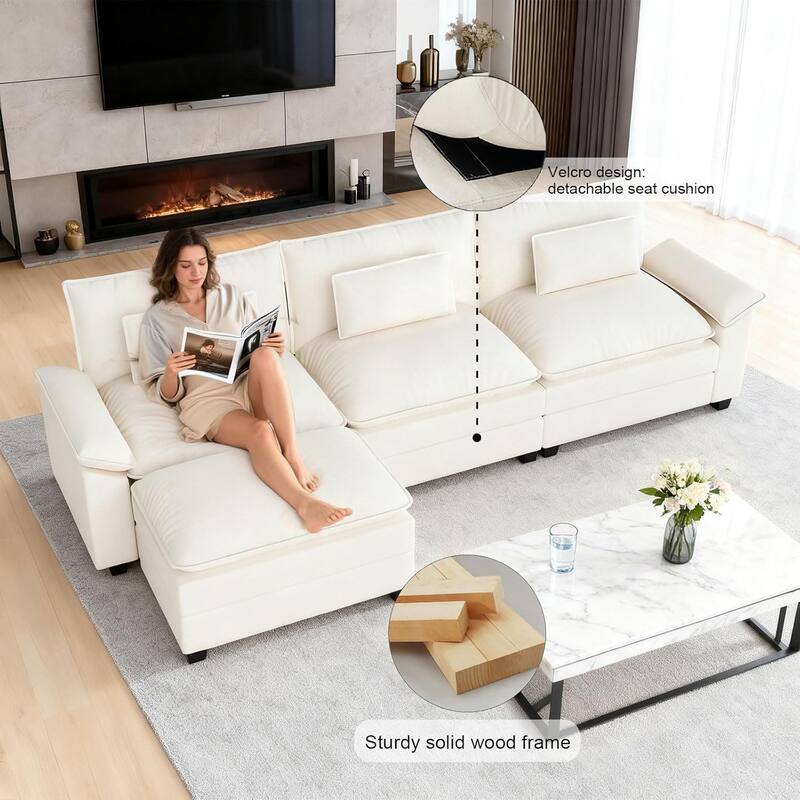 Kullavik Cloud Chenille L-Shaped Sofa, Modular Sectional Sofa with Ottoman, Throw Pillows and Double Layered Cushion
