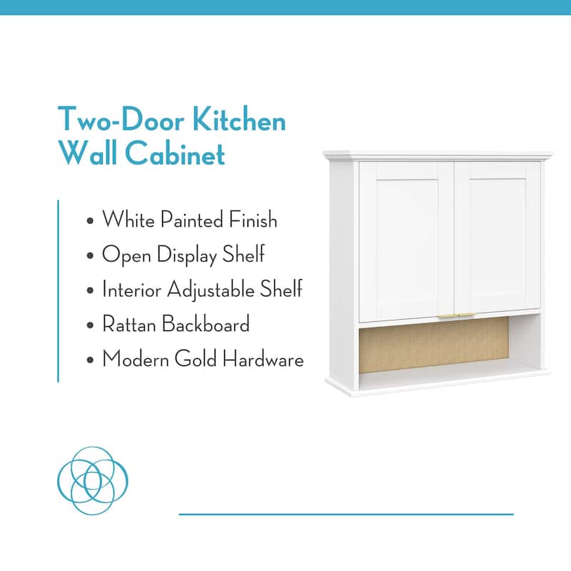 Two-Door Kitchen Wall Cabinet with Rattan Backboard - White