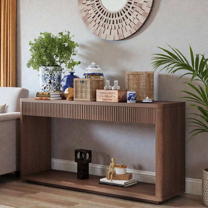 60" Modern Fluted Console Table with 2 Drawers, Natural Wood Veneer Sofa Table for Living Room Hallway Entryway - Walnut