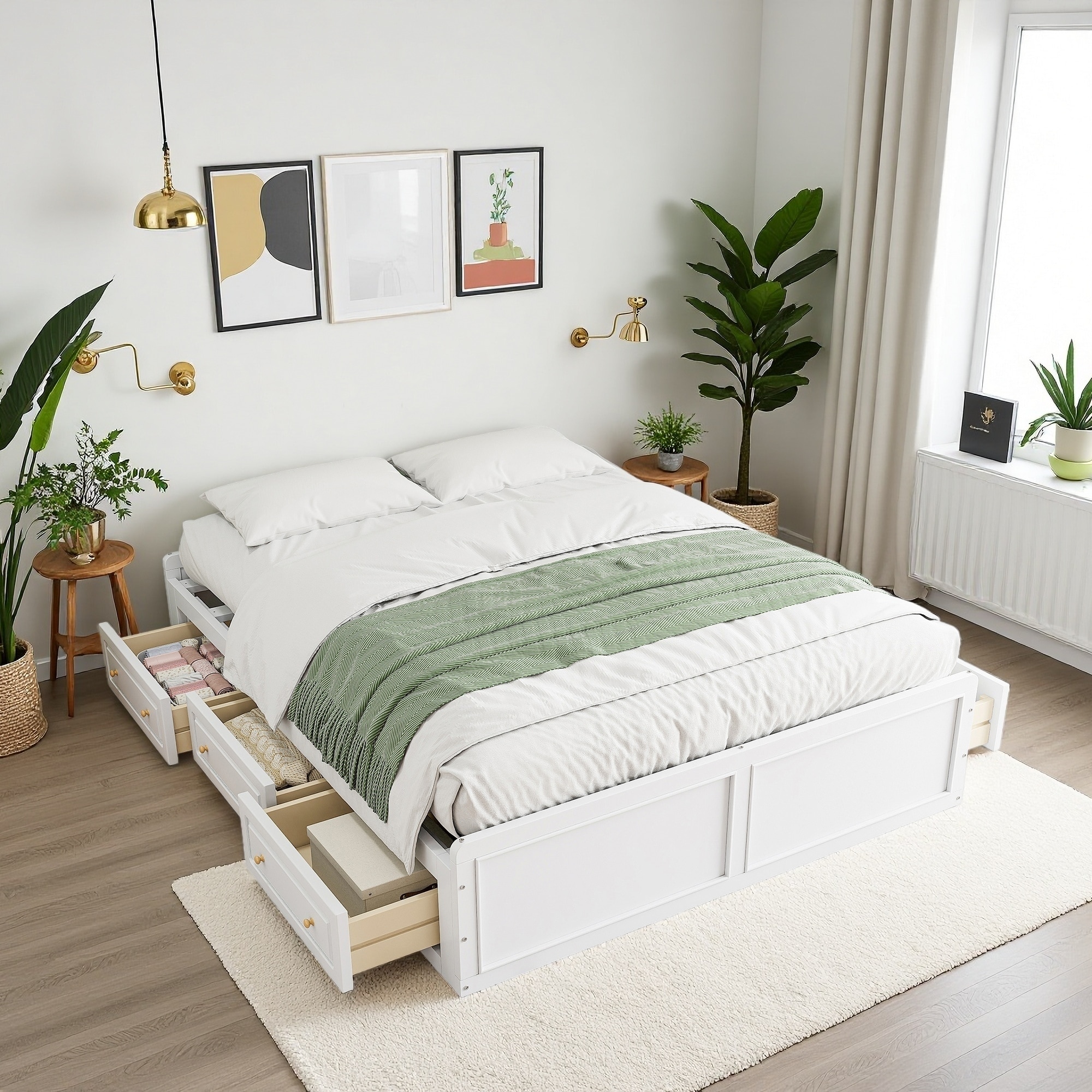 Queen Size Wood Platform Bed Frame with 6 Drawers