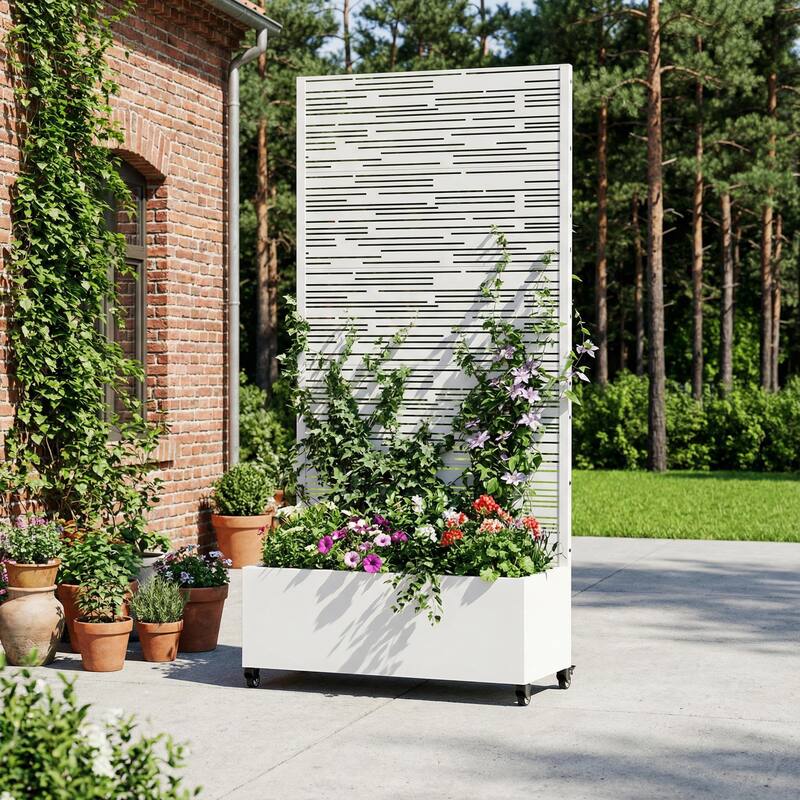 Raised Garden Bed Planter with Trellis Movable Planter Box with Lockable Wheels - 72*35 - White