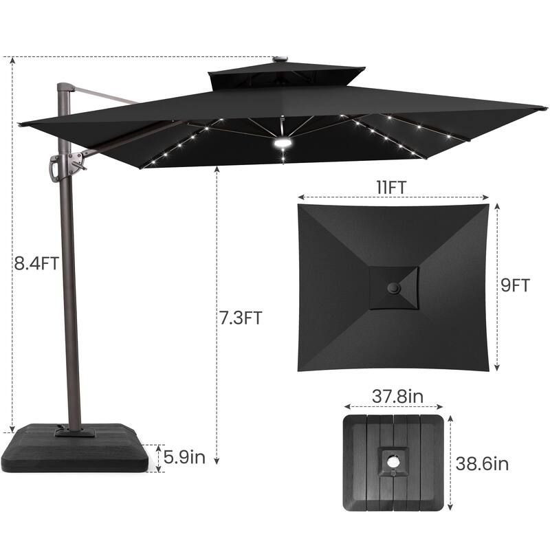 9 x 11 FT Outdoor Dual Top Solar Powered LED Aluminum Patio Cantilever Umbrella and Weighted Base
