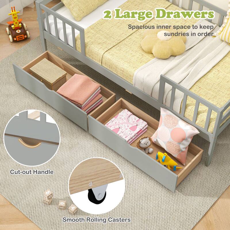 Twin Daybed with Fence and Storage Drawers Kids Bed