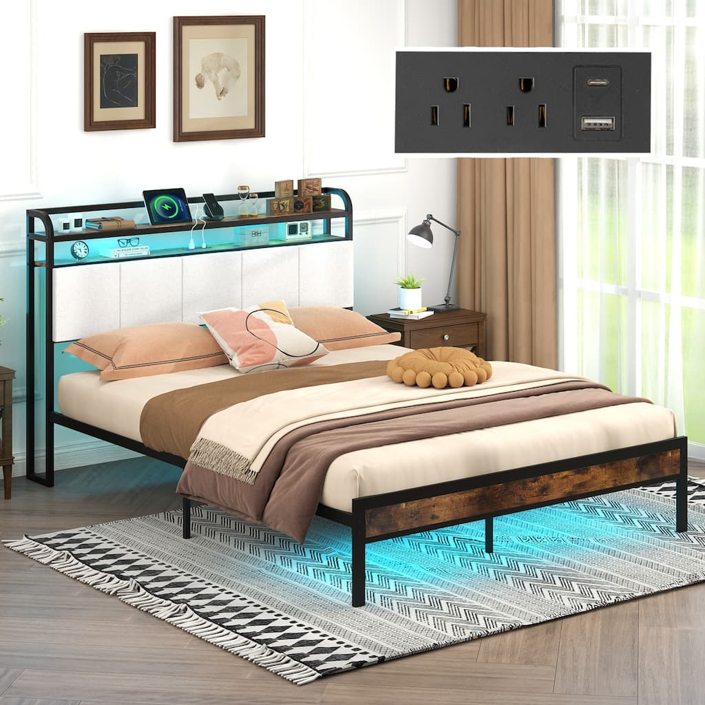 Gymax Queen Size Bed Frame w/ LED Light & Charging Station Heavy Duty