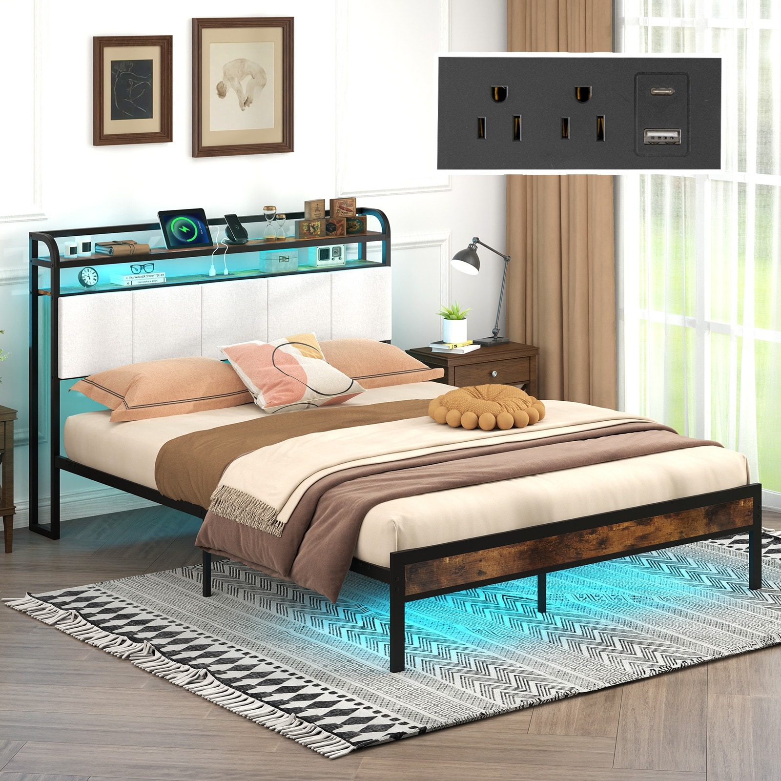 Gymax Queen Size Bed Frame w/ LED Light & Charging Station Heavy Duty