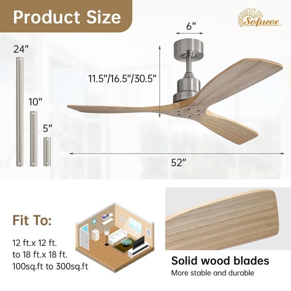 dimension image slide 7 of 14, Sofucor 48/52 Inch Ceiling Fan with Light, Solid Wood Blades for Living Room, Bedroom,Smart Optional