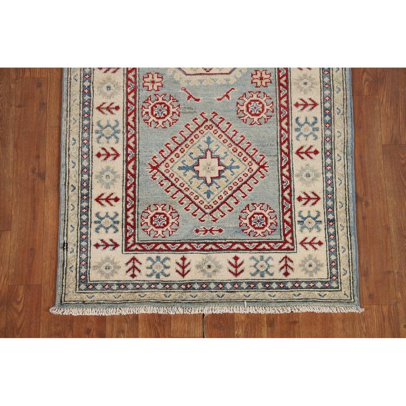 Light Blue Kazak Runner Rug Hand-Knotted Geometric Wool Carpet - 2'7" x 13'1"