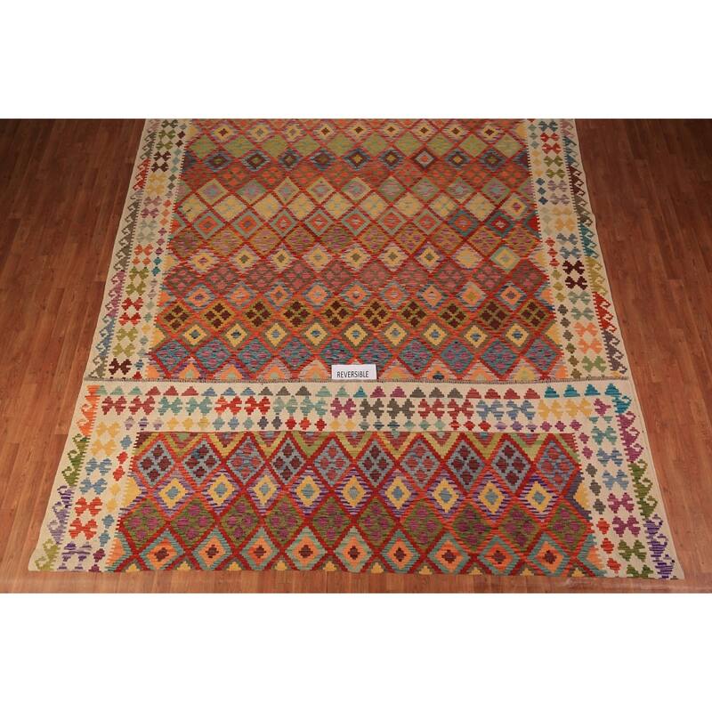 Trellis Geometric Kilim Oriental Large Rug Flatweave Wool Carpet - 10'4" x 16'0"