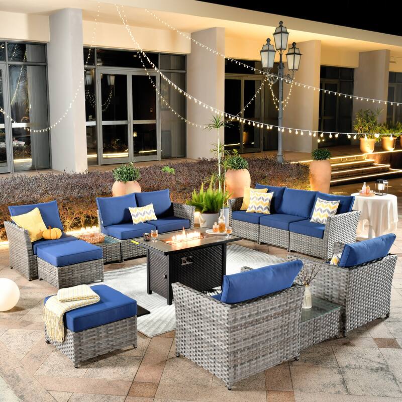 HOOOWOOO 13-piece Wicker Rattan Patio Sectional Conversation Set with Fire Pit - Navy Blue