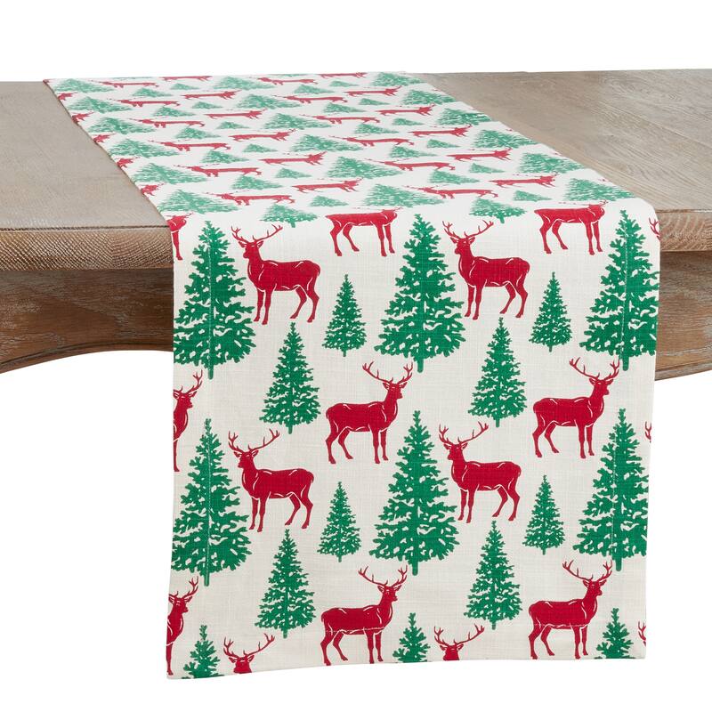 Holiday Table Runner With Deer and Christmas Trees Design