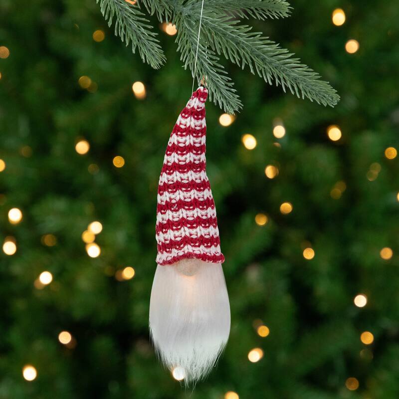 8" Lighted Red and White Knit Gnome Head Christmas Ornament