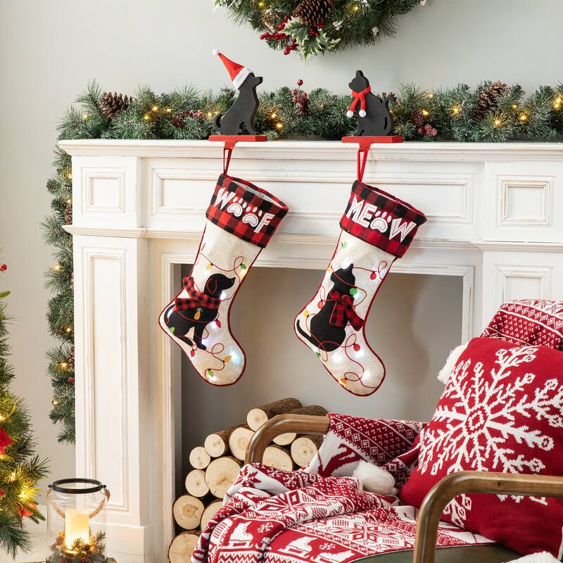 Glitzhome 21"L LED Embroidered Linen Reindeer Cat Dog Christmas Stockings